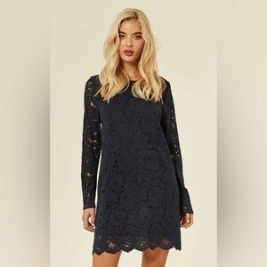 Soprano Navy Blue Lace Long Sleeve Bell Flare Sleeve Scallop Trim Dress Size XS